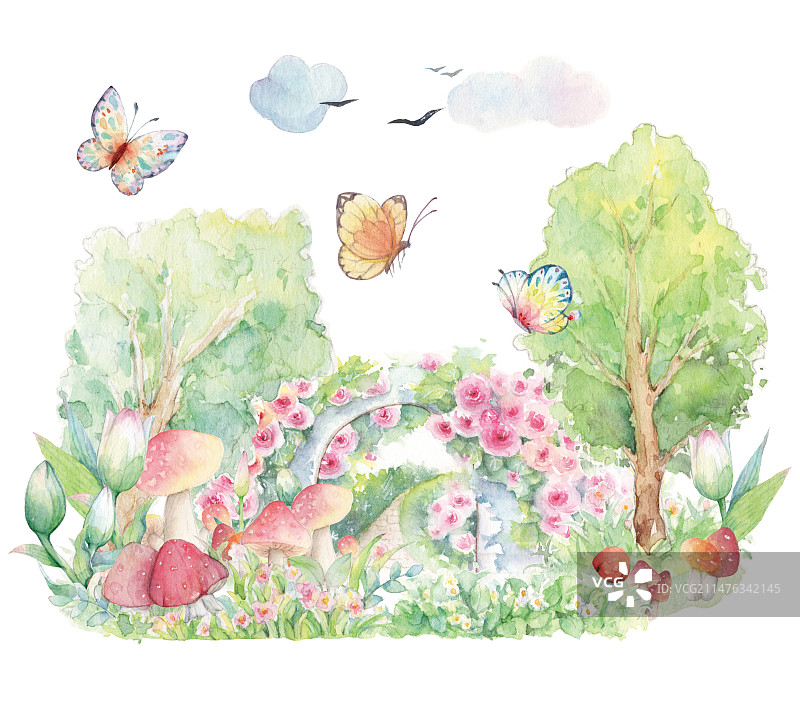 水彩手绘卡通童话故事春天万物复苏森林植物园花园百草园玫瑰蔷薇花装饰入口大门插画图片素材