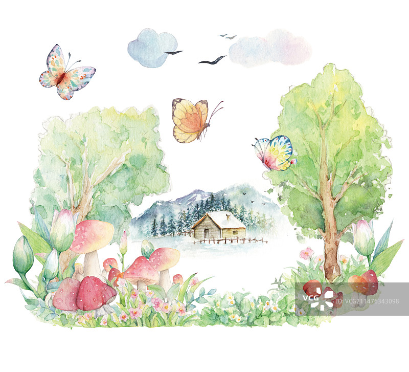 水彩手绘童话故事插画家乡老家宅基地美景冬去春来节气冬季远山小木屋插画图片素材