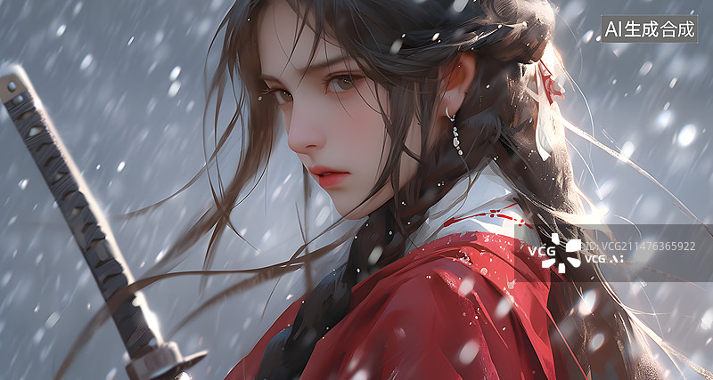 【AI数字艺术】雪中红衣美女插画图片素材