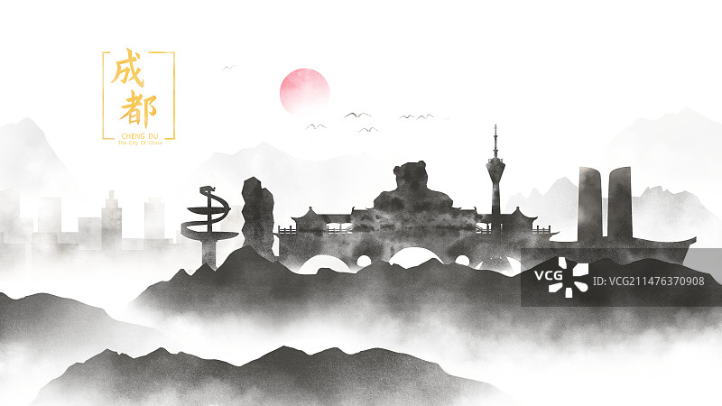 中国风成都水墨城市黑白山水文化诗意水墨画剪影图片素材