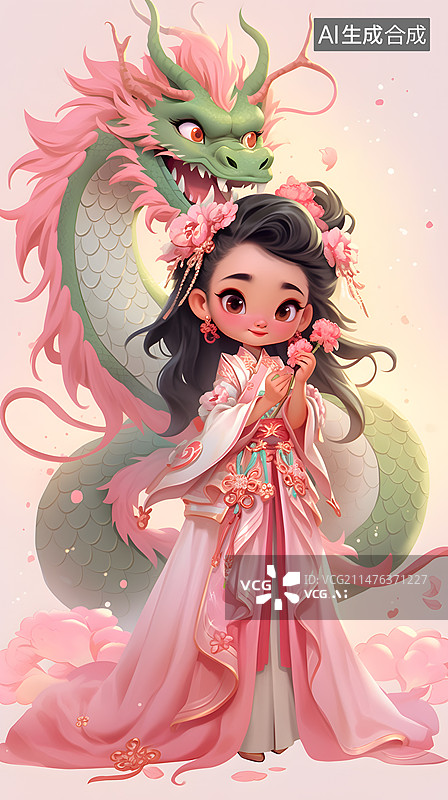 【AI数字艺术】神龙和小女孩3D插画图片素材