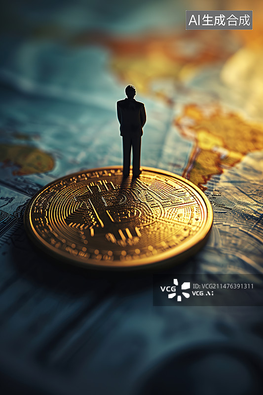 【AI数字艺术】一个男人站在金币上金融背景图片素材