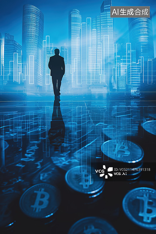 【AI数字艺术】一个男人站在金币上金融背景图片素材