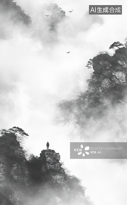 【AI数字艺术】坐在悬崖上的人的低角度视图图片素材