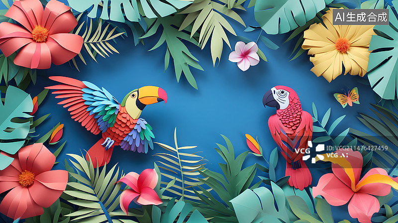【AI数字艺术】鹦鹉剪纸，保护动物概念场景插画图片素材