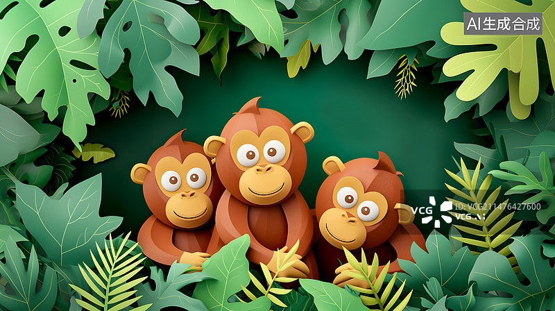 【AI数字艺术】猴子剪纸，保护动物概念场景插画图片素材