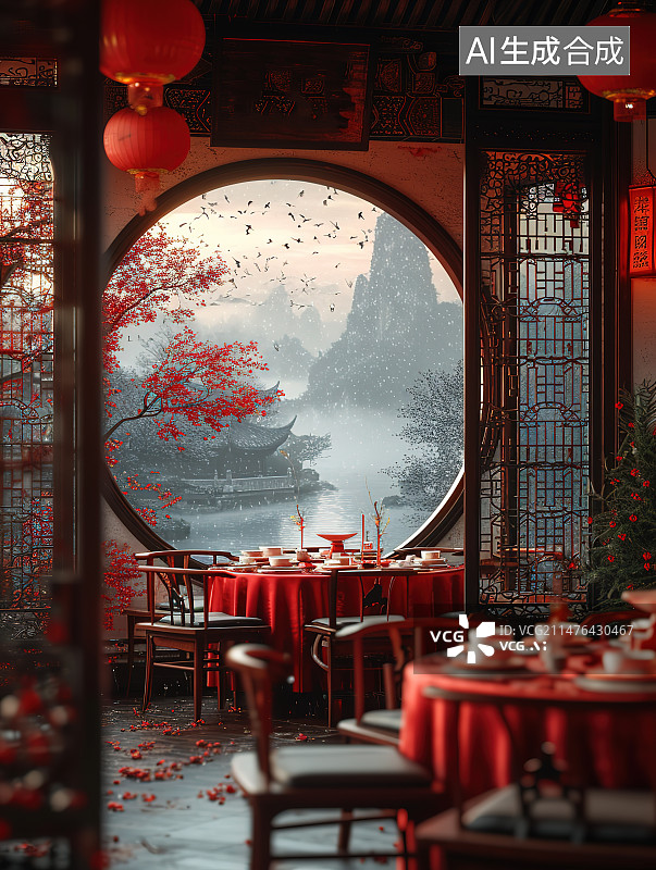 【AI数字艺术】红色喜庆餐桌背景图片素材