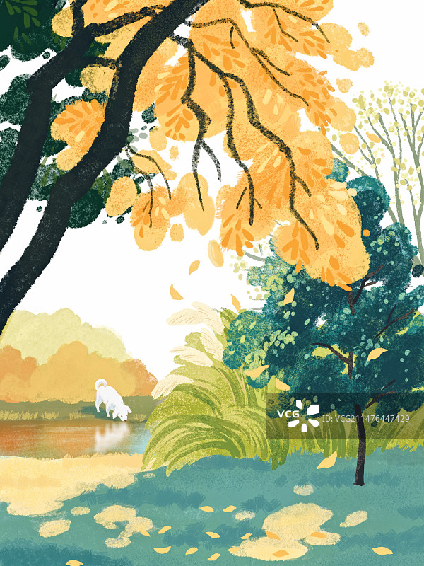 秋天公园风景河边小狗插画图片素材