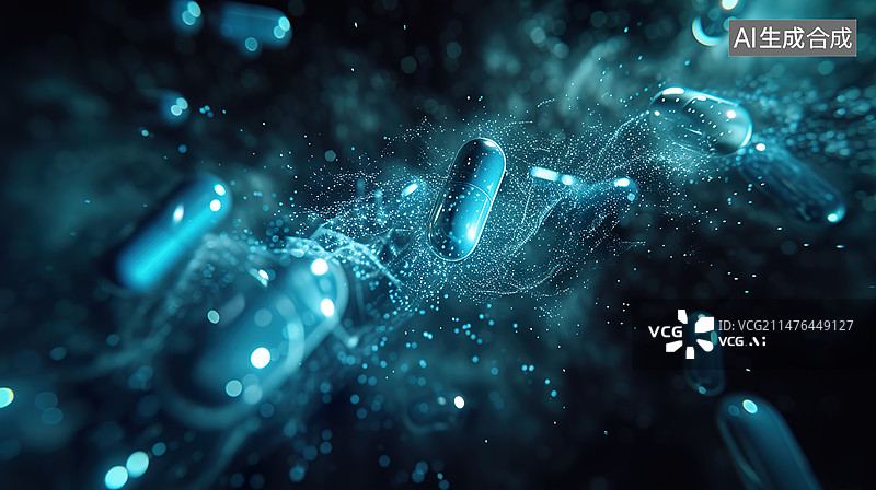 【AI数字艺术】胶囊药丸医疗行业3D透明科技感背景元素医学微观世界里的发光粒子图片素材