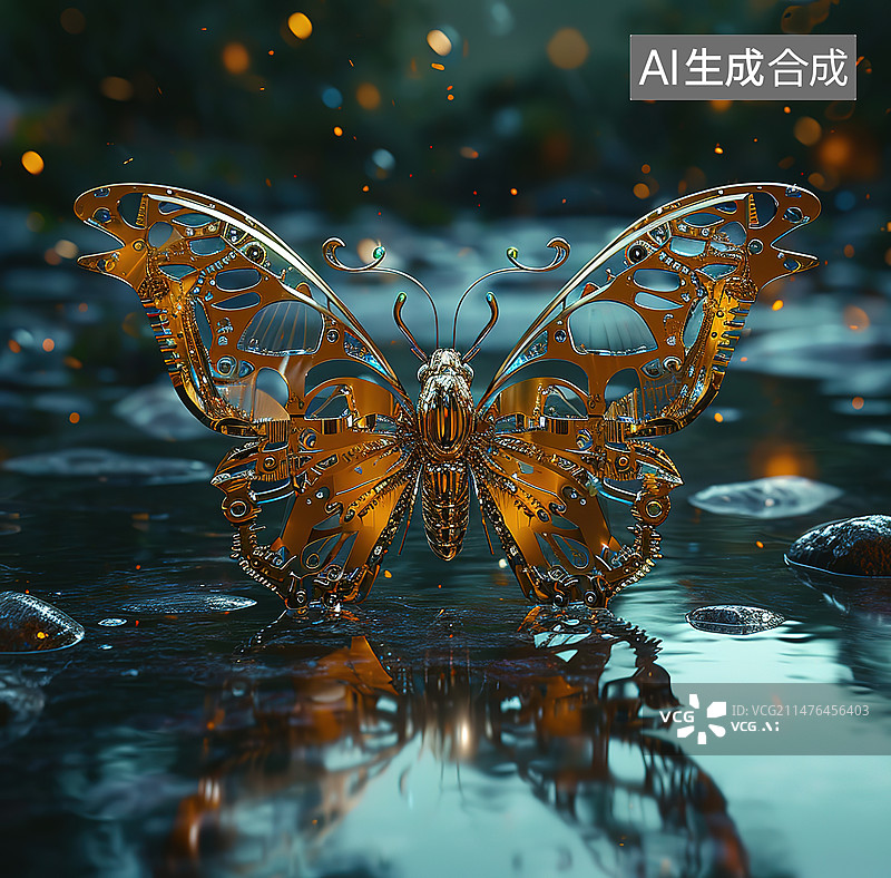 【AI数字艺术】湖中蝴蝶的特写镜头图片素材