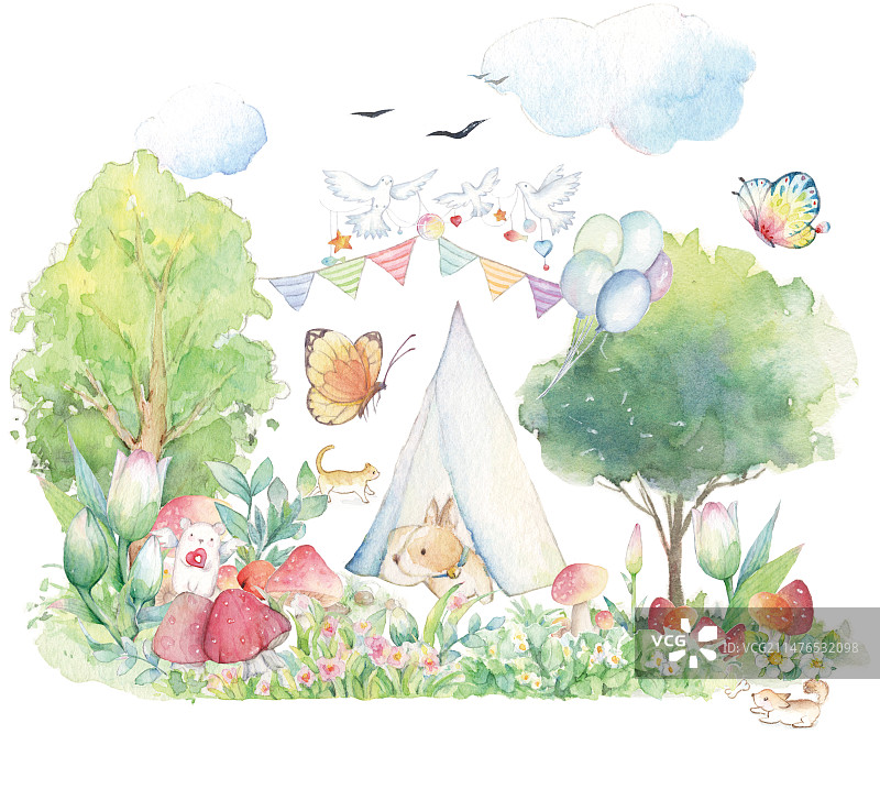 水彩手绘童话故事森林公园郊外度假山庄花园一角露营天幕帐篷和可爱的小狗小猫儿童插画图片素材