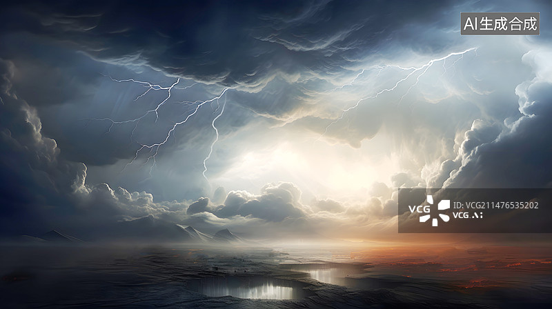 【AI数字艺术】AIGC:闪电，雷暴天气，自然灾害 ，戏剧性的天空，乌云。背景 插图 插画图片素材