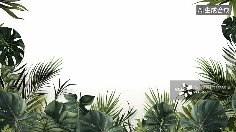 【AI数字艺术】数码白底棕榈叶边框植物抽象图形海报网页PPT背景图片素材