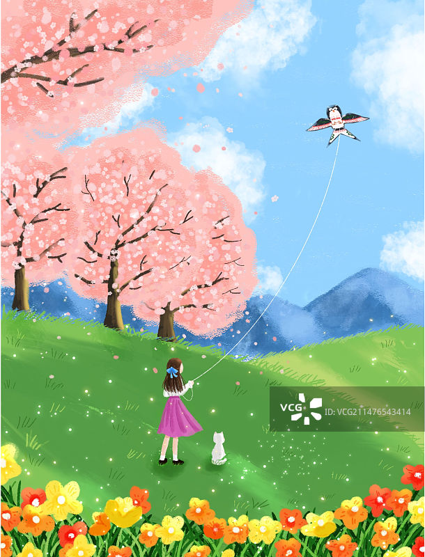 春天穿裙子的女孩在绿草地上放风筝图片素材