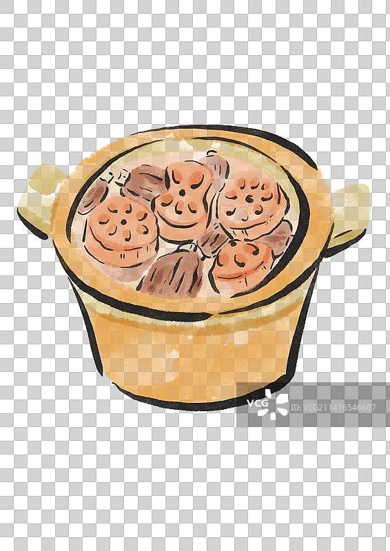 水墨风武汉美食插画元素-莲藕排骨汤图片素材