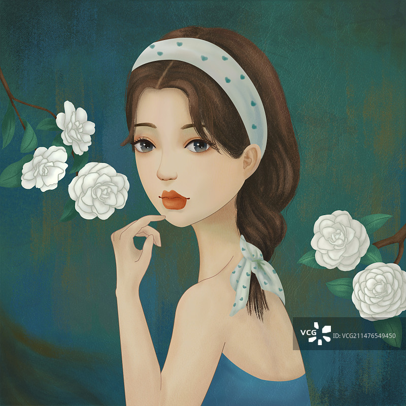 头戴发带，身边有茶花的少女复古肖像画图片素材