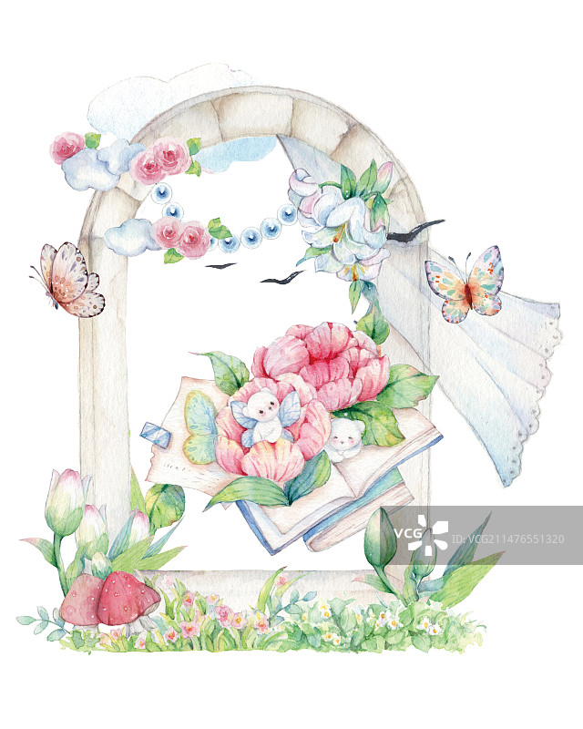 白色背景下水彩手绘移动飞跃梦想书本鲜花绿植花朵梦想之门芝麻开门特写镜头儿童卡通童趣少年插画图片素材