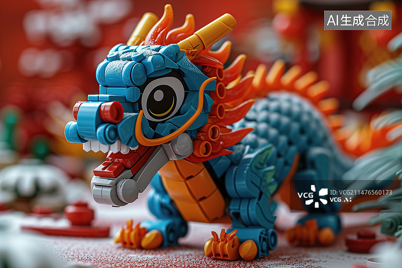 【AI数字艺术】红色背景下的乐高积木龙特写镜头图片素材