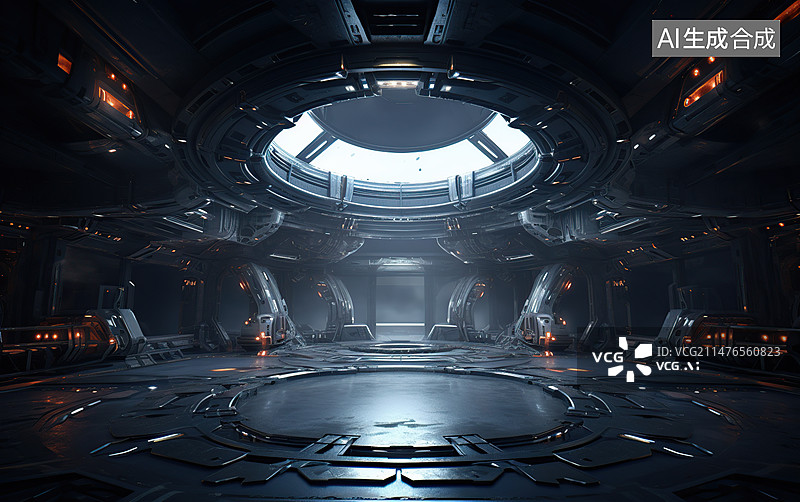【AI数字艺术】暗色的科幻空间太空仓内部图片素材