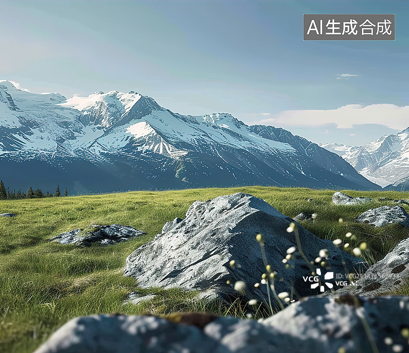 【AI数字艺术】雪山草地自然风光图片素材