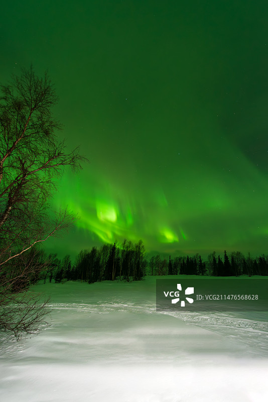 夜幕下绿色的北极光和白雪皑皑的地面夜景图片素材