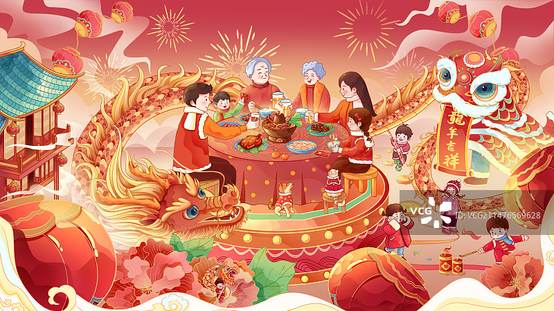 国风插画2024龙年贺图福龙贺岁迎新年主视觉KV插画图片素材