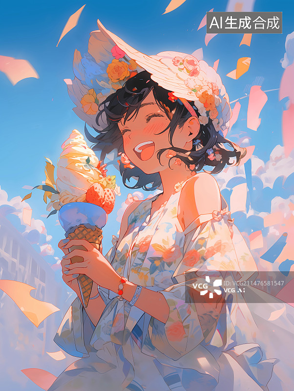 【AI数字艺术】头戴遮阳帽手持冰淇淋站在蓝天下的少女图片素材