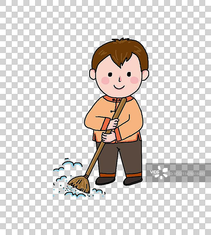 拿着笤帚打扫卫生的男孩插画图片素材