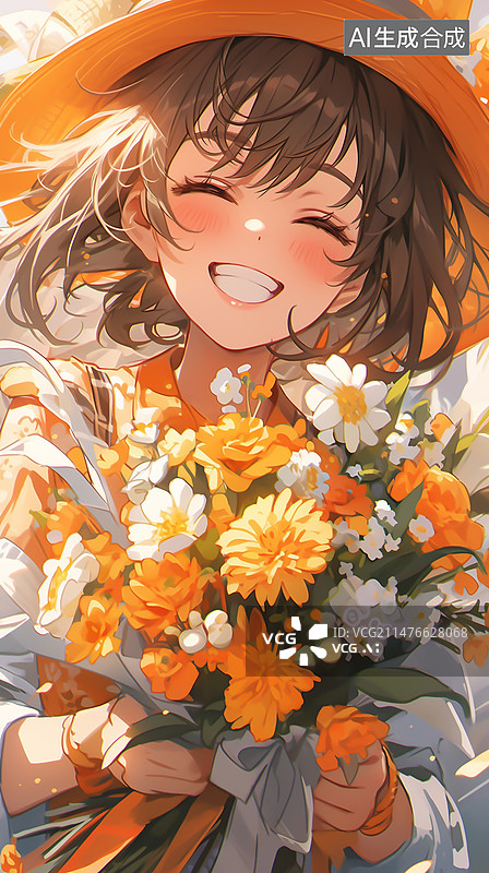 【AI数字艺术】手里拿着鲜花的二次元女孩图片素材