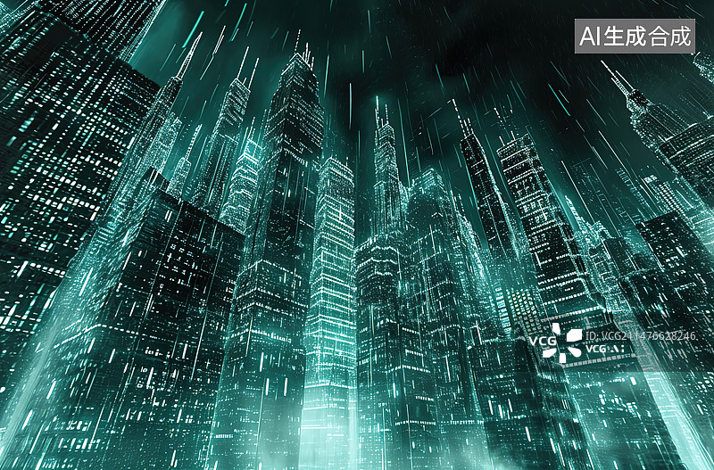 【AI数字艺术】城市夜间照明建筑的低角度透视图片素材