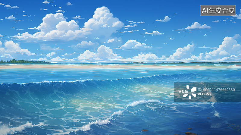 【AI数字艺术】蓝天白云下的大海插画图片素材