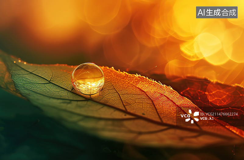 【AI数字艺术】雨滴落在树叶上的特写镜头图片素材