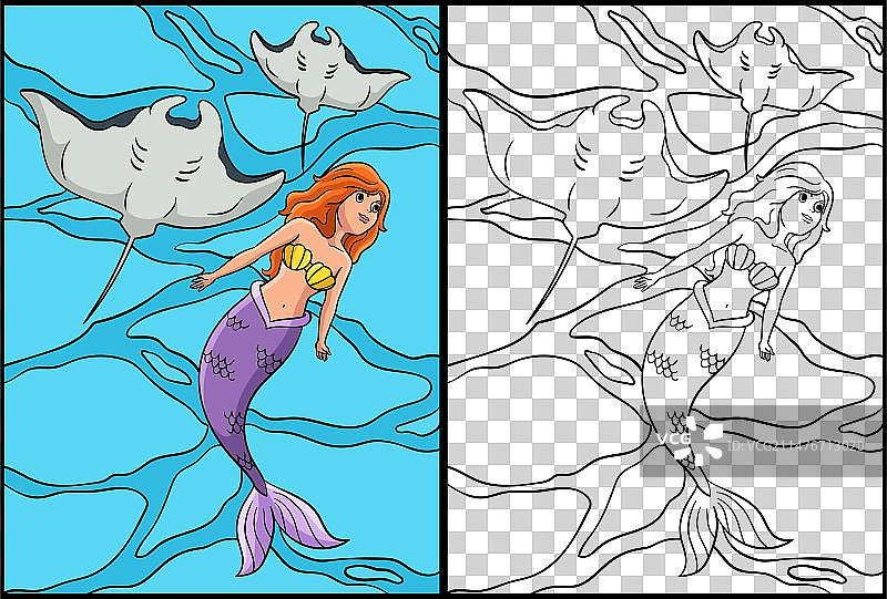 与蝠鲼在一起的美人鱼填色页图片素材