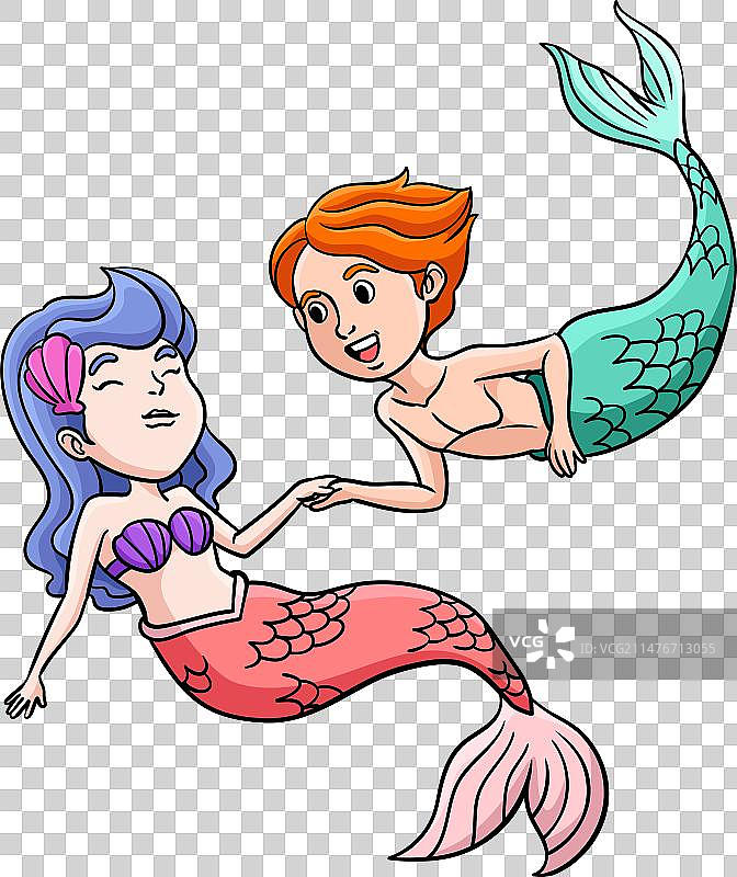 美人鱼和男性人鱼卡通彩色剪贴画图片素材