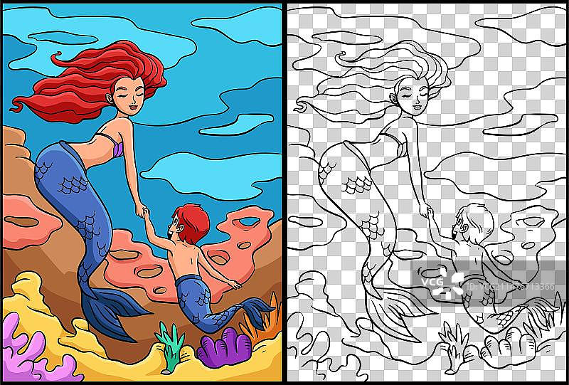 美人鱼和年轻男性美人鱼着色图图片素材