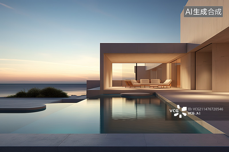 【AI数字艺术】游泳池的现代别墅休闲娱乐区图片素材