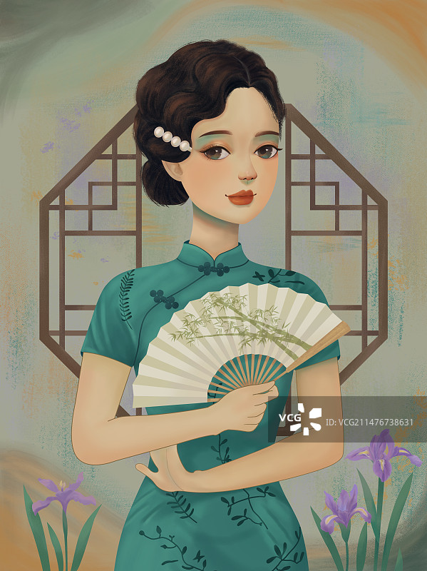 手拿扇子的国风旗袍美人与鸢尾花民国画报图片素材