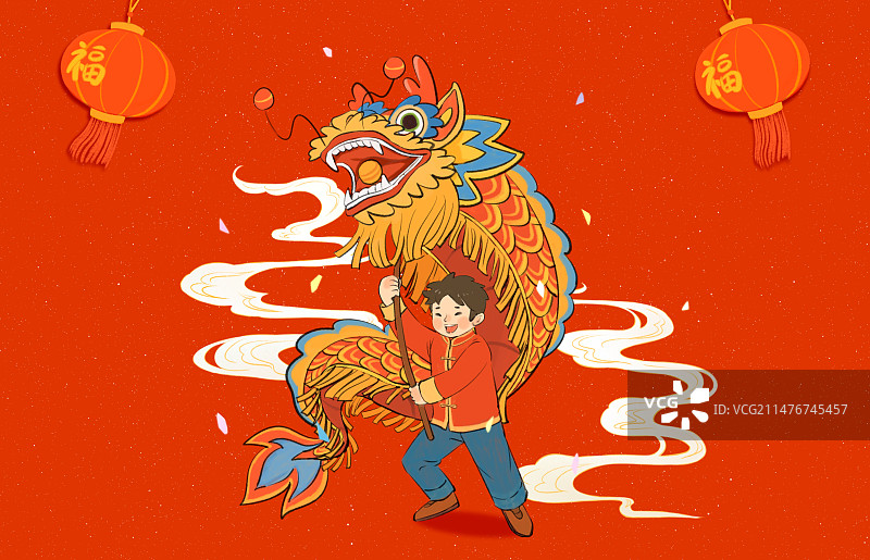 一个小孩在舞龙传统文化节日龙抬头喜庆插画图片素材