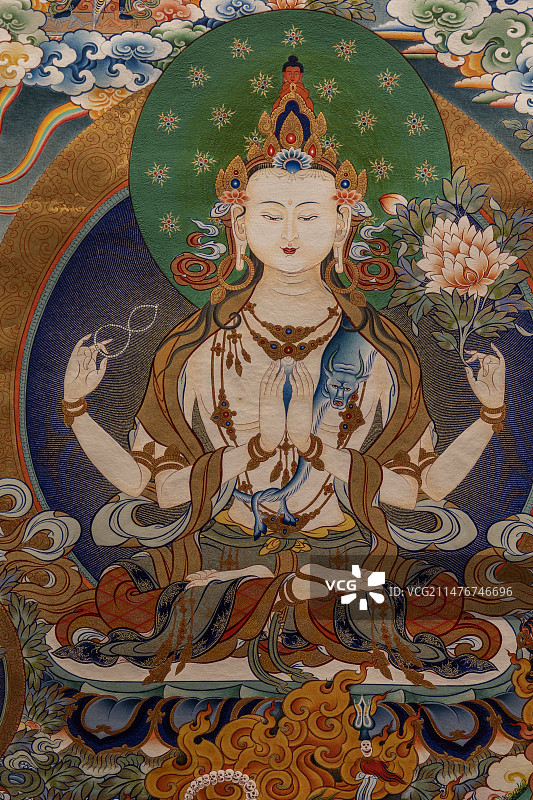中国工艺美术馆▪中国非物质文化遗产馆“人类非遗热贡艺术保护成果”展：彩唐：四臂观音，作者：桑吉本图片素材