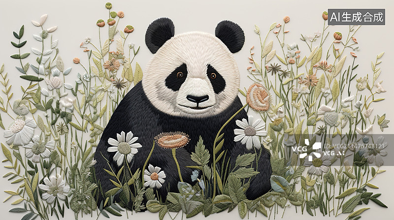 【AI数字艺术】熊猫和鲜花中式刺绣画图片素材