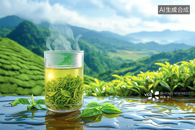 【AI数字艺术】茶园里的茶具冲泡好的茶水图片素材