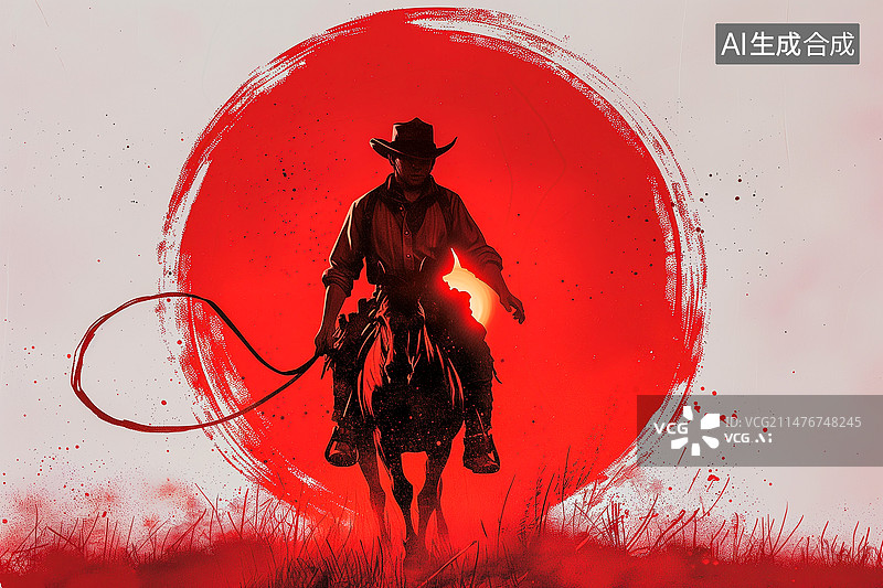 【AI数字艺术】红色背景下的牛仔骑马图片素材