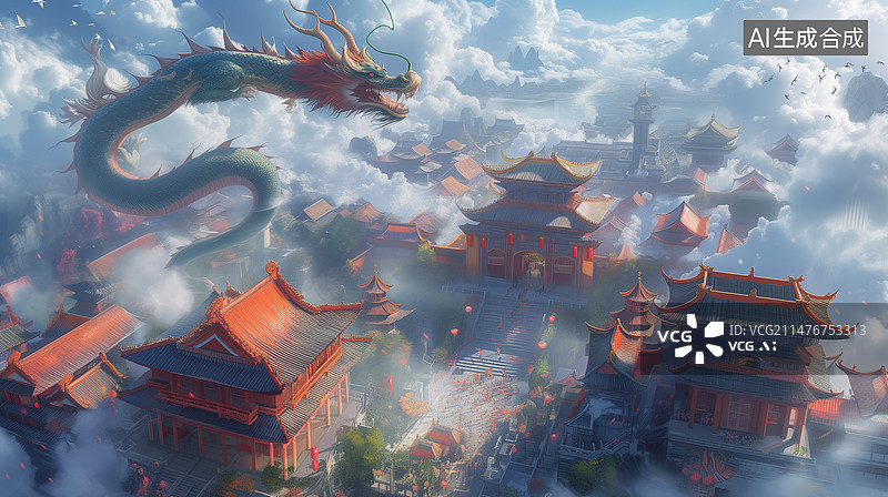 【AI数字艺术】古城新年闹市文化飞龙图片素材