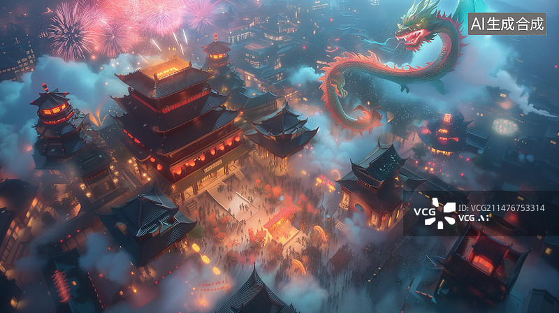 【AI数字艺术】古城新年闹市文化飞龙图片素材