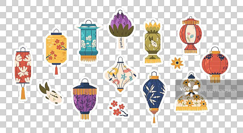 受启发的亚洲纸灯笼贴纸套装图片素材