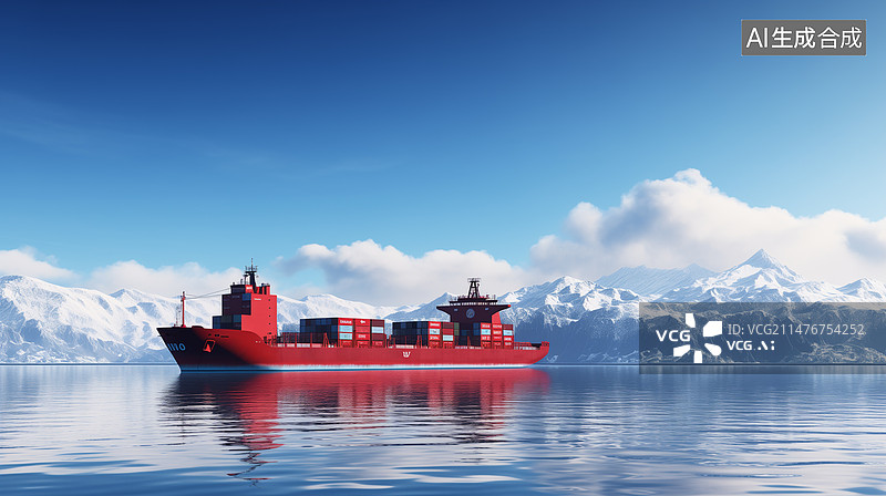 【AI数字艺术】晴朗天空下海上行驶的货船图片素材