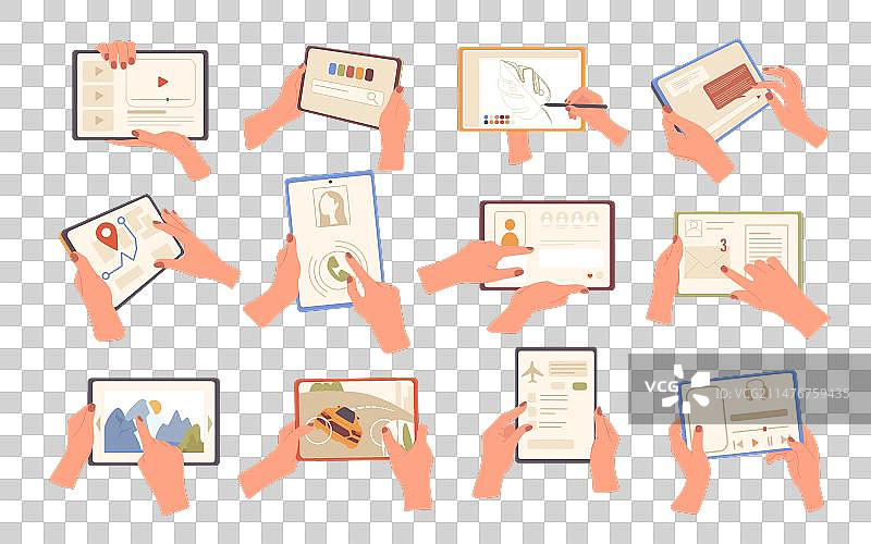 手持平板电脑，使用不同功能图片素材