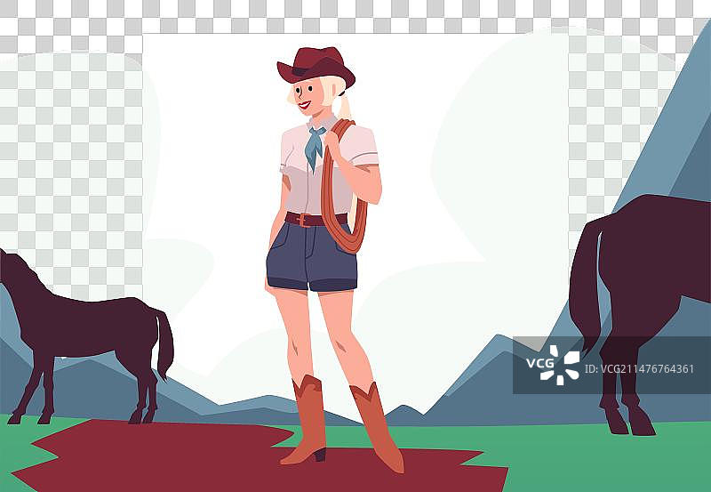 女牛仔在风景背景下放牧马群图片素材