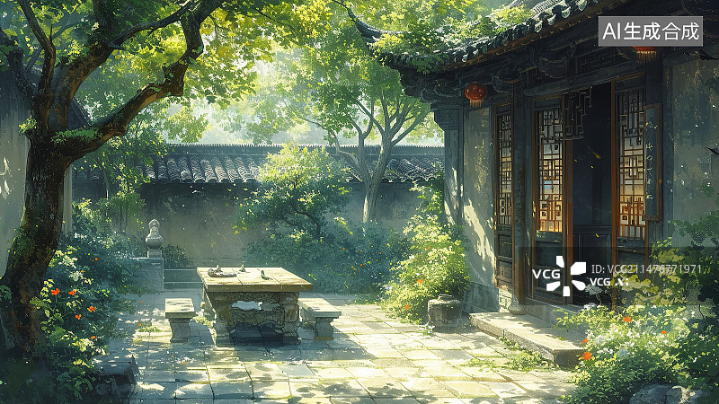 【AI数字艺术】国画风格中式院落图片素材