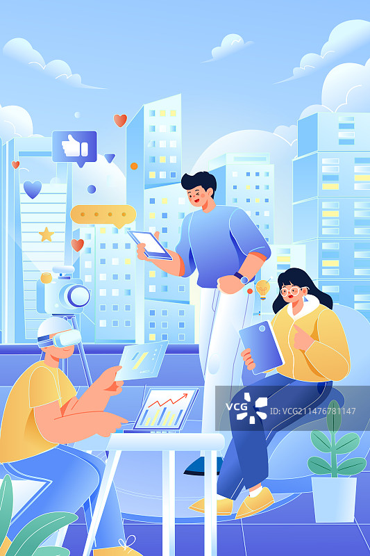 卡通职业招聘程序员信息碎片化教育科技概念商务招商互联网金融理财投资团队合作活动商业办公渐变矢量插画图片素材